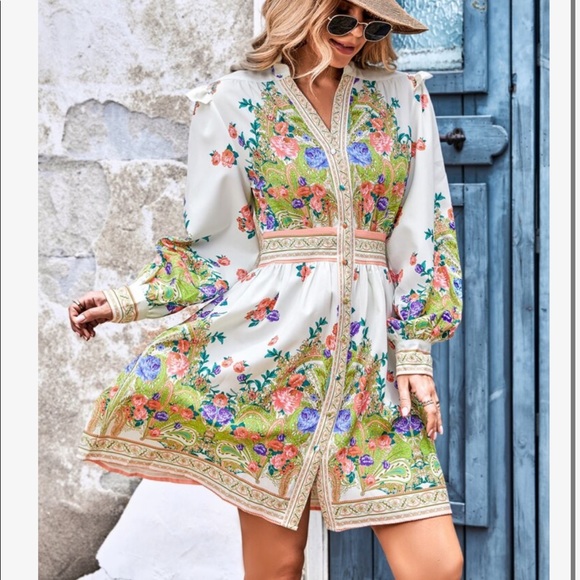 Boho Floral Paisley Print Puff Sleeve Open Front Dress - Picture 14 of 16